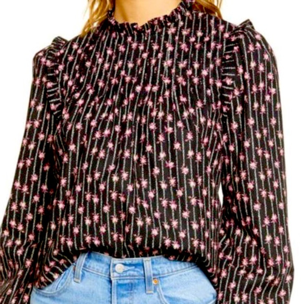 WAYF Foral Print Ruffle Black Pintuck Blouse Size XS NWT